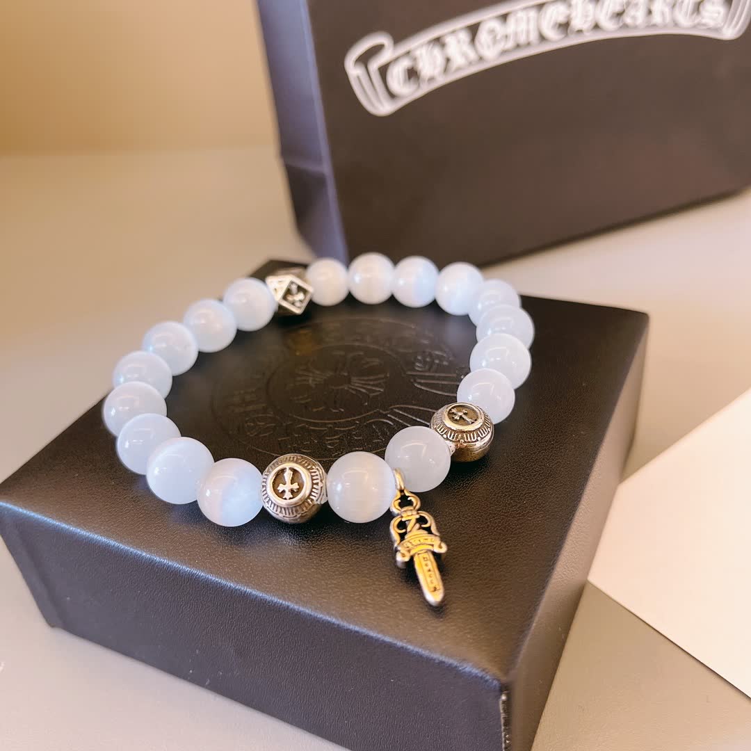 Chrome Hearts Moonstone Beaded Bracelet with Silver Charms